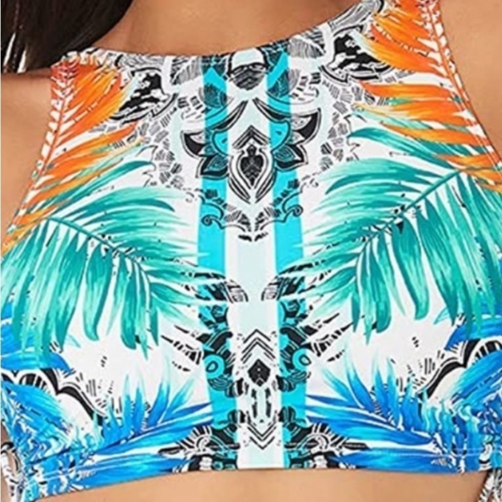 Skinnydippers Dubbly Bubbly Crop Bikini Swim Top Tropical Print Side Ties M